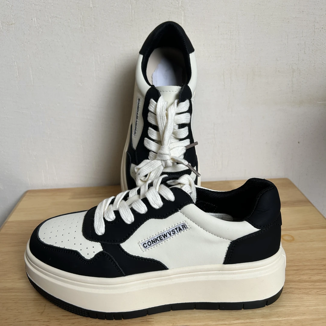 【0415】真皮拼色时尚板鞋  女2023年秋冬新款百搭厚底增高休闲板鞋