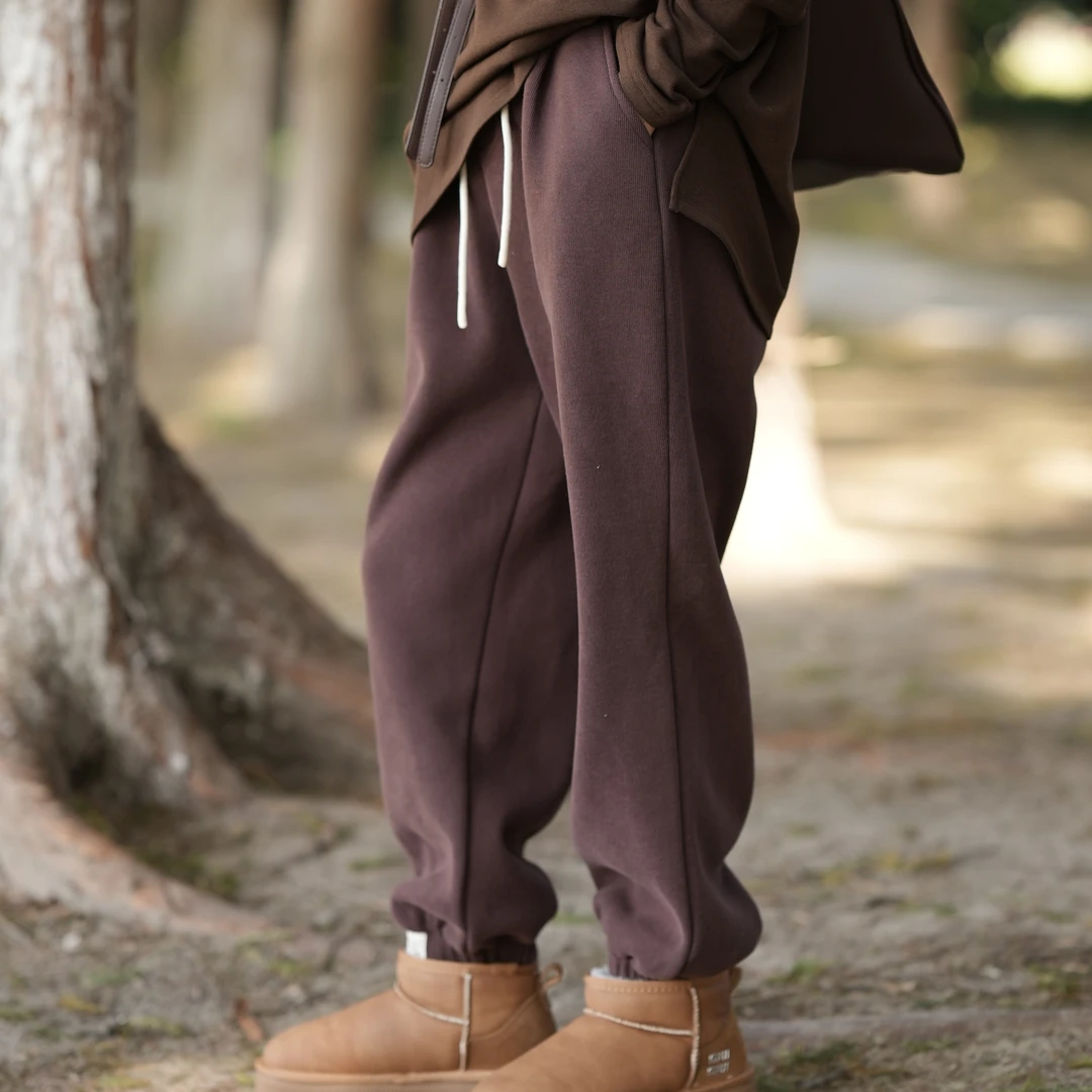 【0398】笑脸设计感高腰宽松束脚长裤女式冬季慵懒加绒保暖休闲卫裤