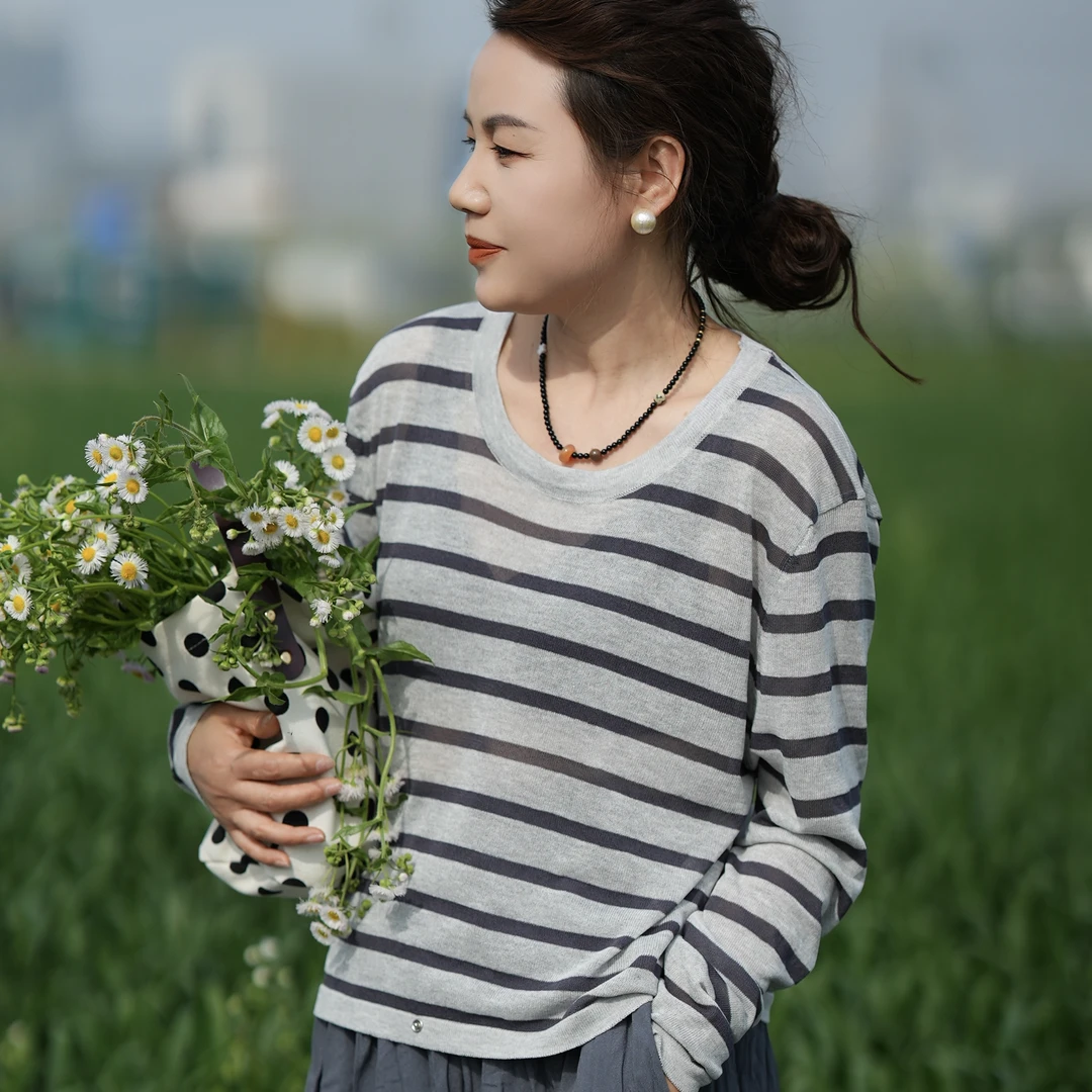 【0495】夏新款宽松显瘦 条纹不规则纽扣冰丝亚麻针织防晒T恤上衣女