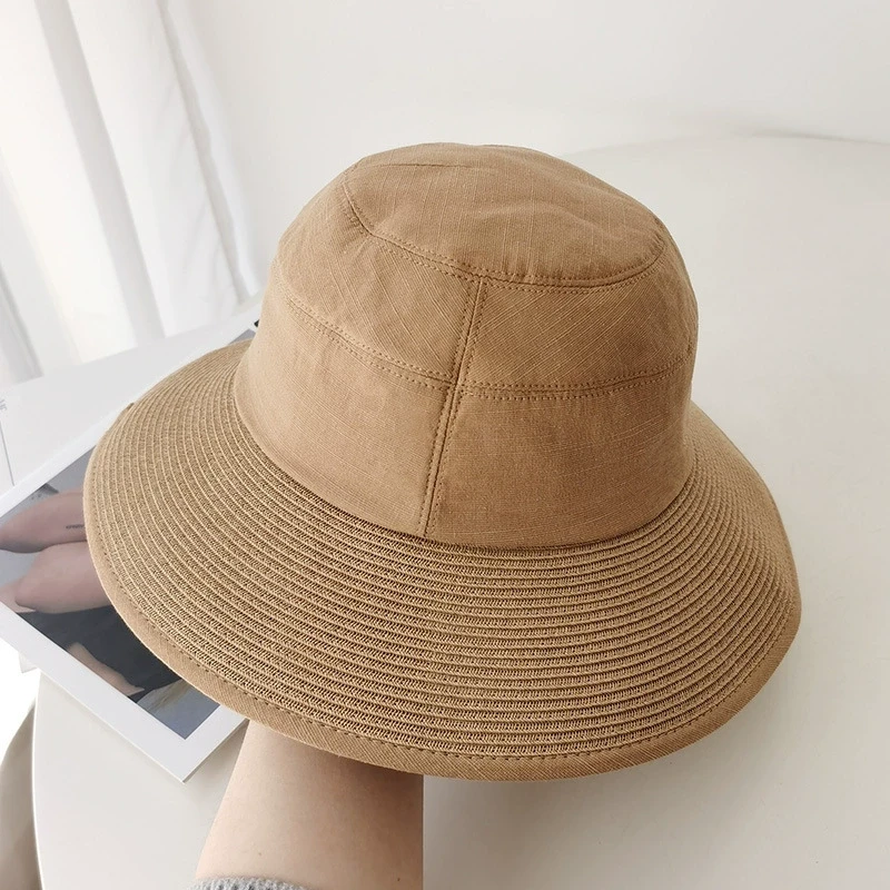 【0188】夏天百搭棉麻拼接草帽女海边防晒遮阳帽大帽檐渔夫帽子