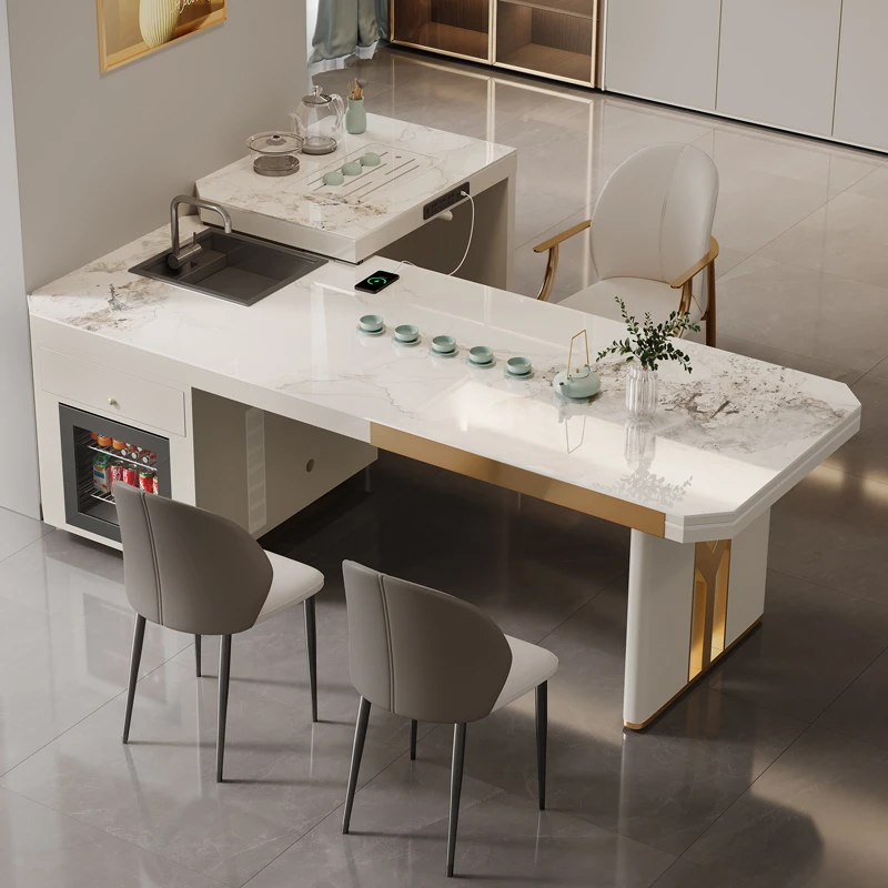 别墅法式阳台家用书茶餐桌带水槽净水一体伸缩奶油风冰箱多功能桌