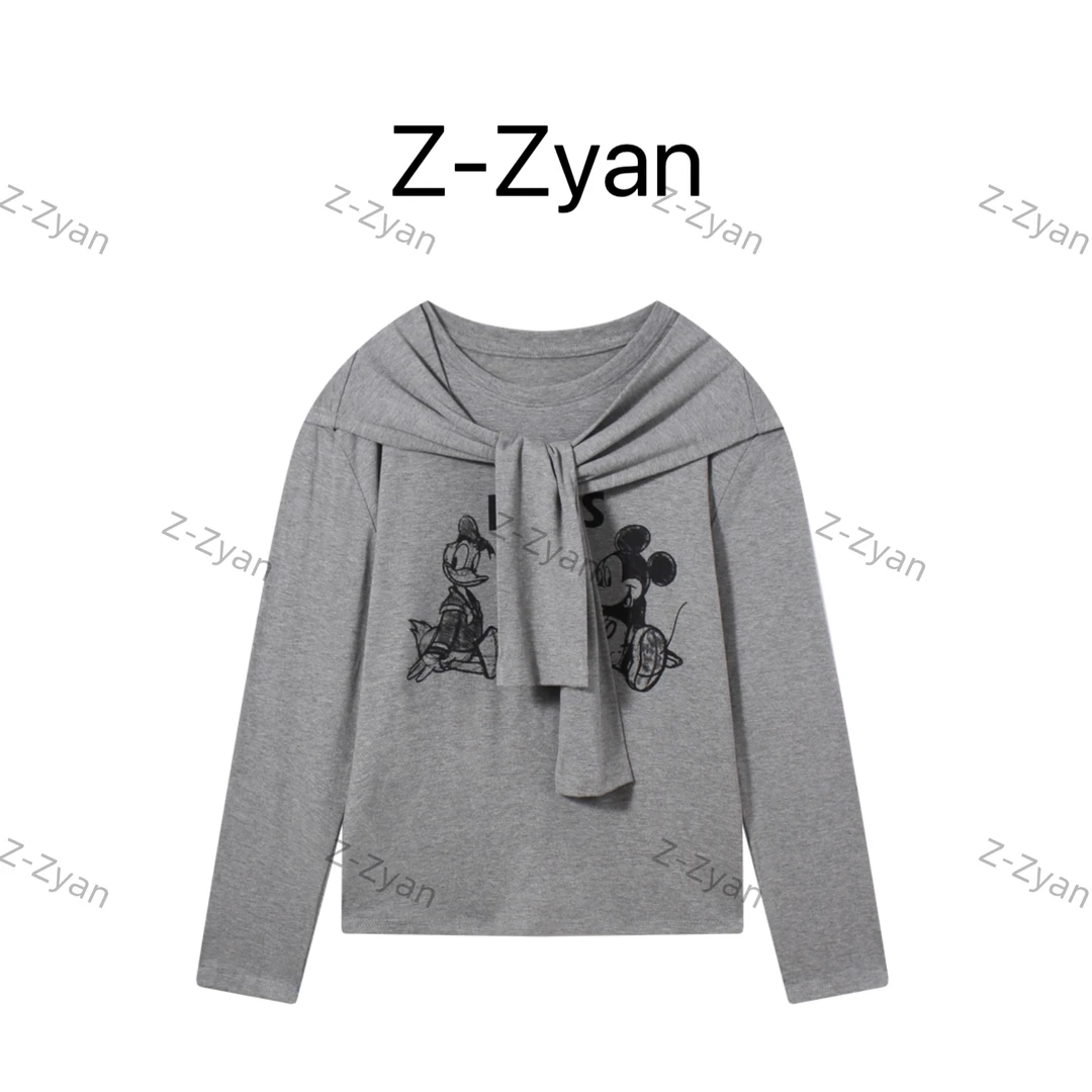 秋季新款设计感米奇印花长袖T恤披肩两件套打底衫81218