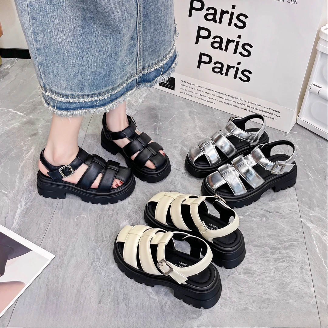 HM-5735网红时尚休闲百搭夏季软底编织厚底镂空复古女款凉鞋