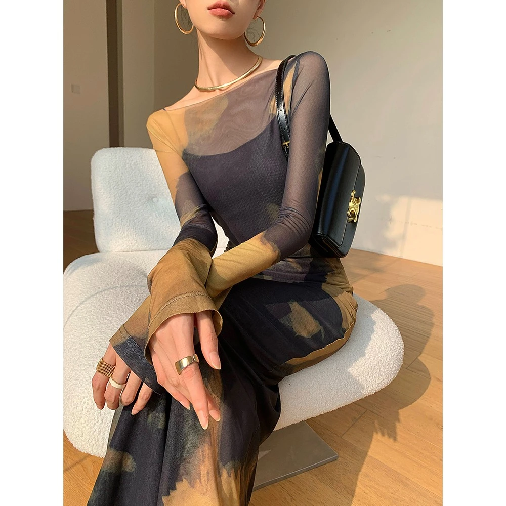 D155花色长袖连衣裙女秋季2024新款针织吊带裙打底裙子两件套装
