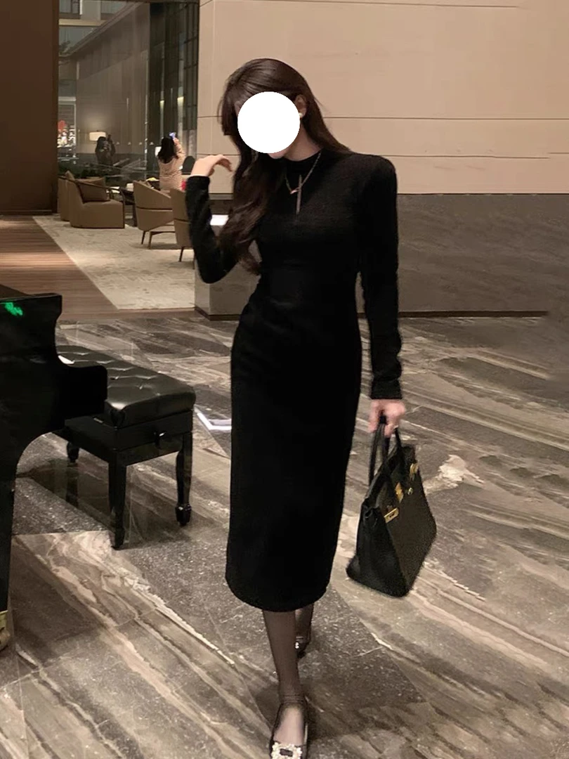 D187黑色镂空长袖连衣裙女早秋季气质名媛御姐高级感包臀长裙