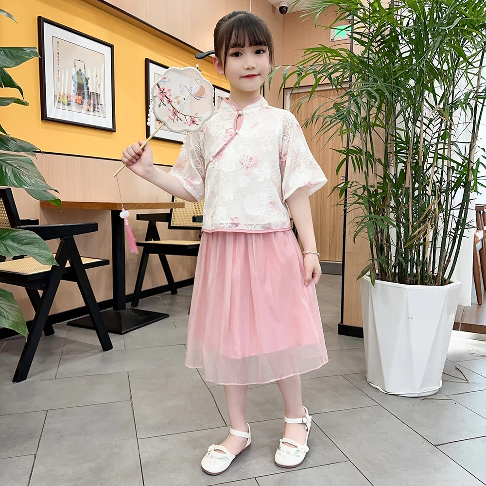 女童新中式汉服复古民族唐装中国风套装古风文艺民国风两件套裙子