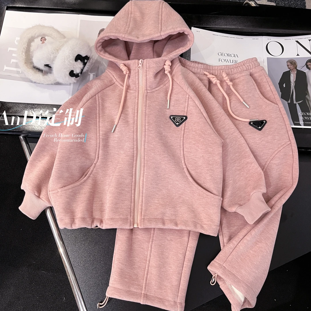 〖ANDI〗订制秋冬款女童加绒拉链外套休闲裤两件套套装2921