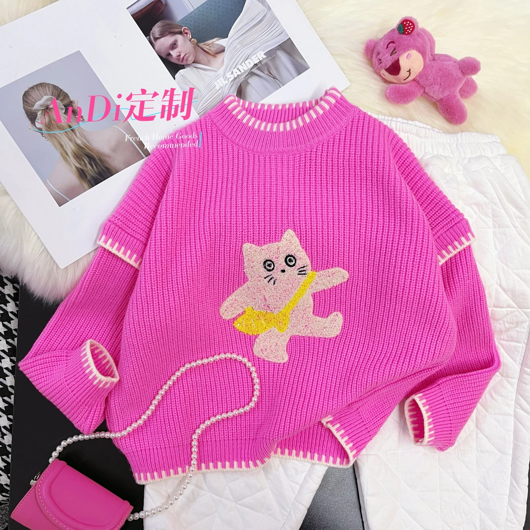 〖ANDI〗订制秋冬款中大女童韩版线迹撞色小猫套头毛衣3160