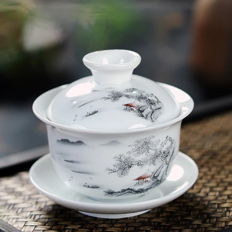 3.8寸陶瓷功夫茶具三才盖碗青花大号盖碗高白瓷手绘茶碗古典高端