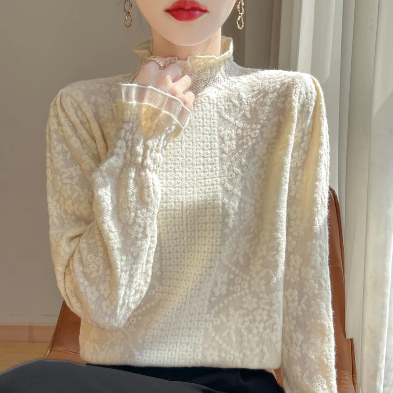 气质荷叶领针织衫女2024秋冬新款蕾丝半高领木耳边打底衫内搭上衣