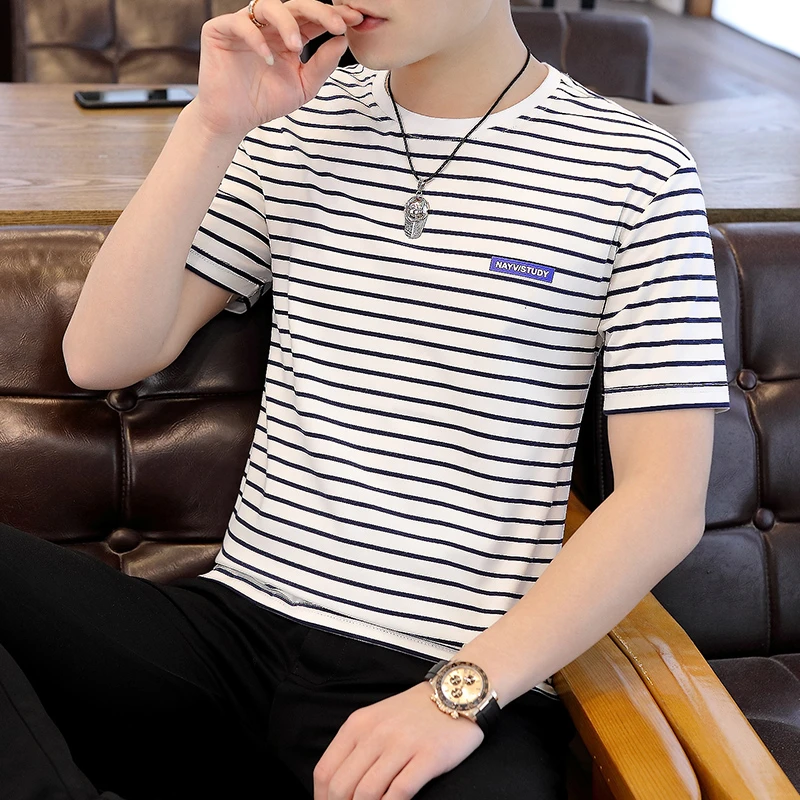 夏季男士短袖t恤2024新款男装百搭圆领条纹上衣服潮流海魂半袖T恤