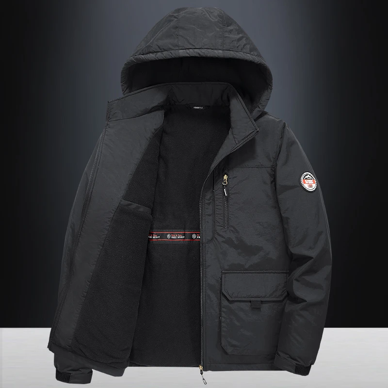 秋冬季加绒加厚外套男宽松加大码保暖棉衣可脱帽派克服防风冲锋衣