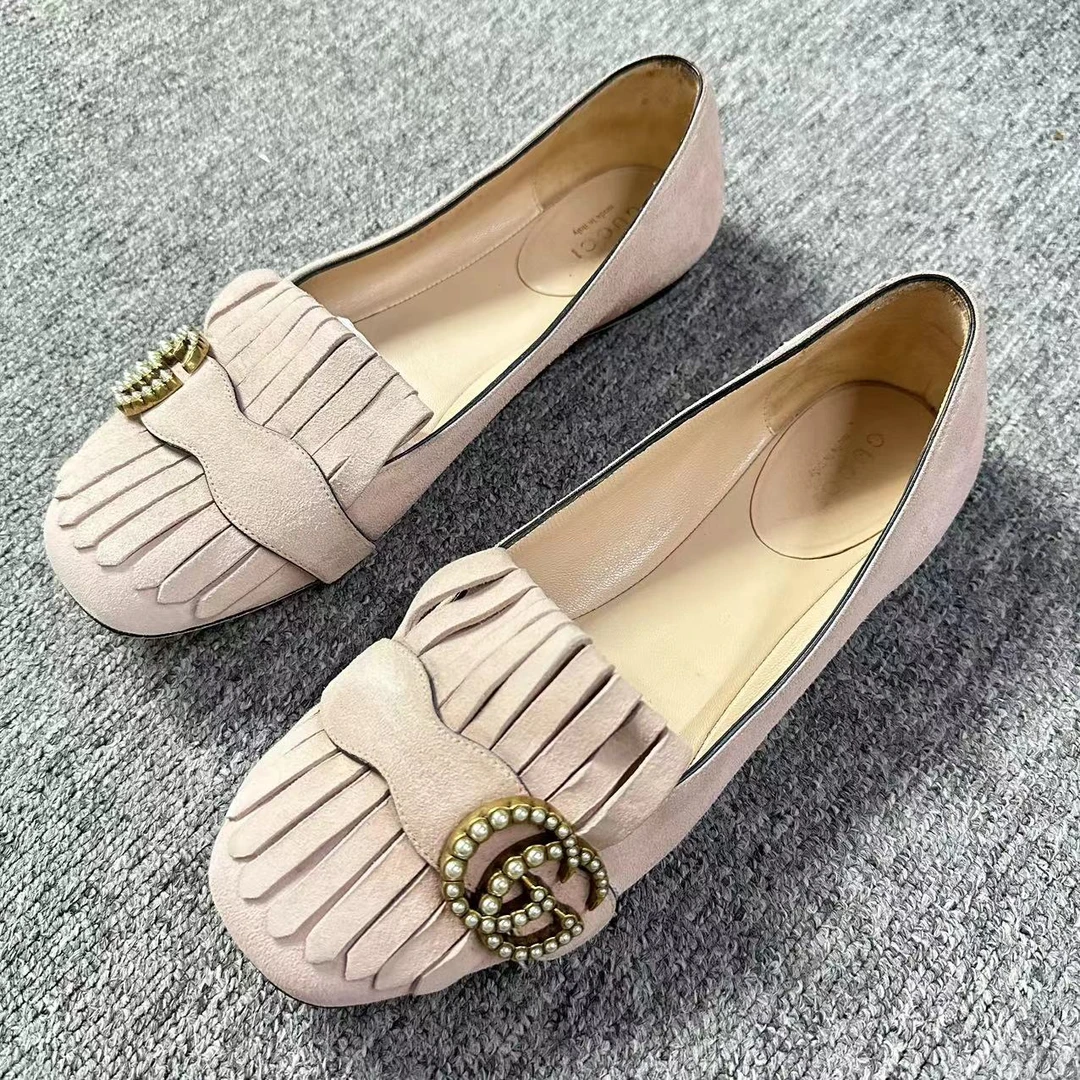 GUCCI/古驰诺曼女鞋折扣 粉色流苏马蒙扣百搭平底乐福鞋35.5码257