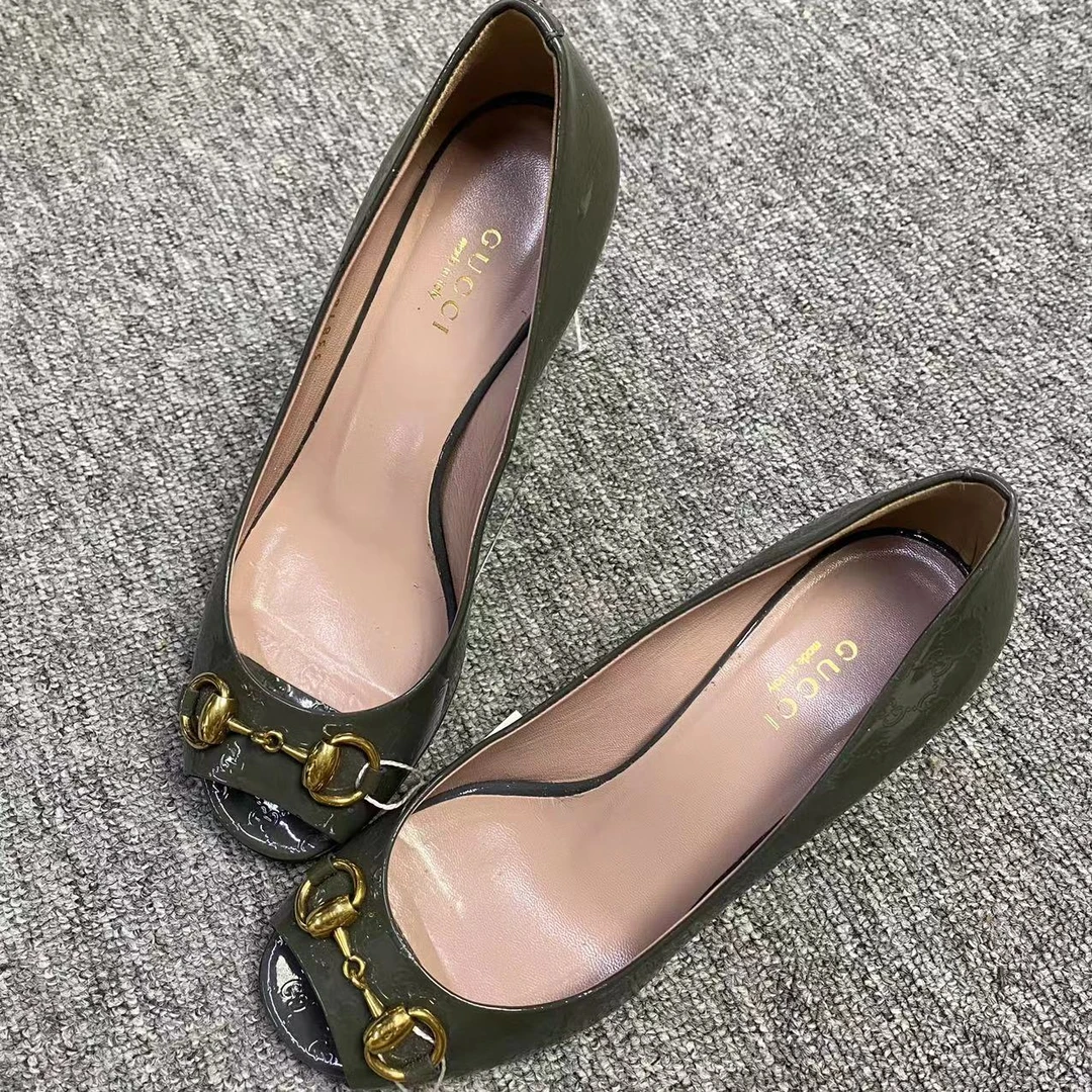 GUCCI/古驰诺曼女鞋折扣 墨绿色鱼嘴金色马衔扣高跟鞋 35码 080