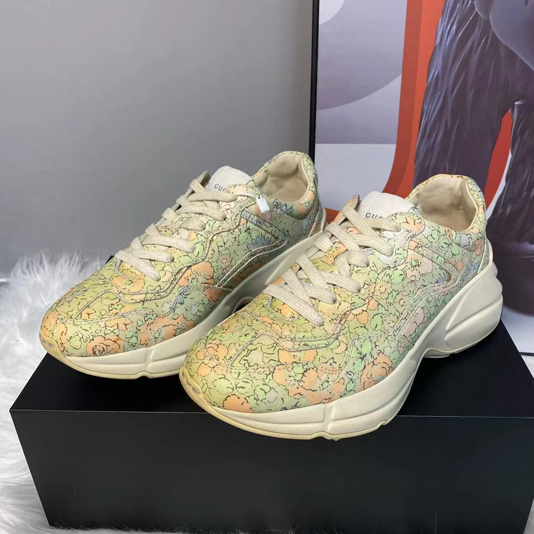 GUCCI/古驰【诺曼女鞋折扣】绿粉色花卉休闲时尚老爹鞋36.5欧码382