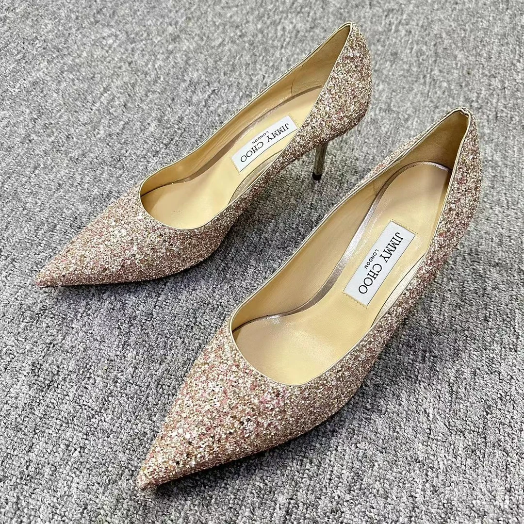 JIMMY CHOO/吉米周诺曼女鞋折扣 粉色亮片尖头高跟鞋 39.5码 1365