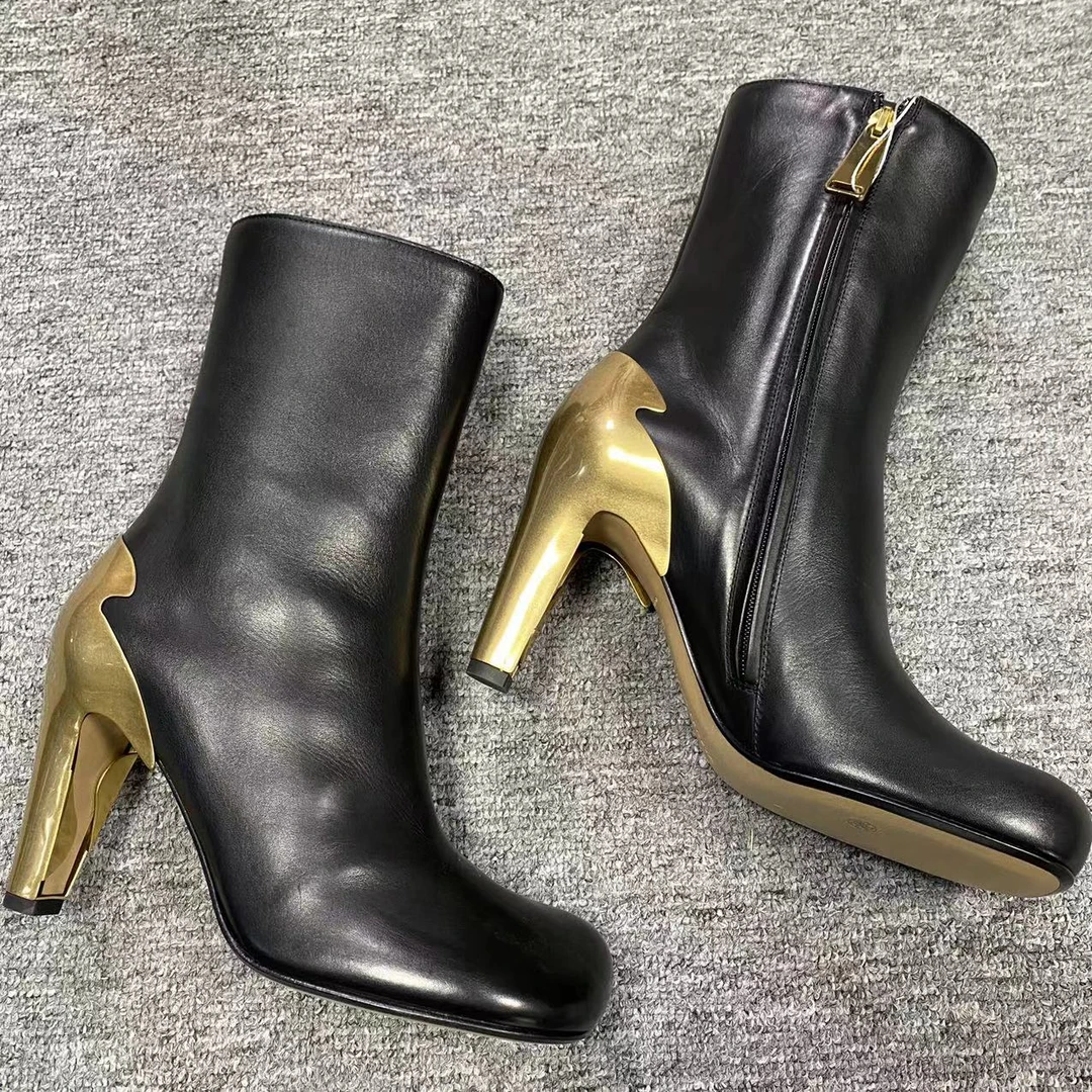 BOTTEGA VENETA/葆蝶家诺曼折扣黑色拉链高跟中筒靴36.5码wjm352