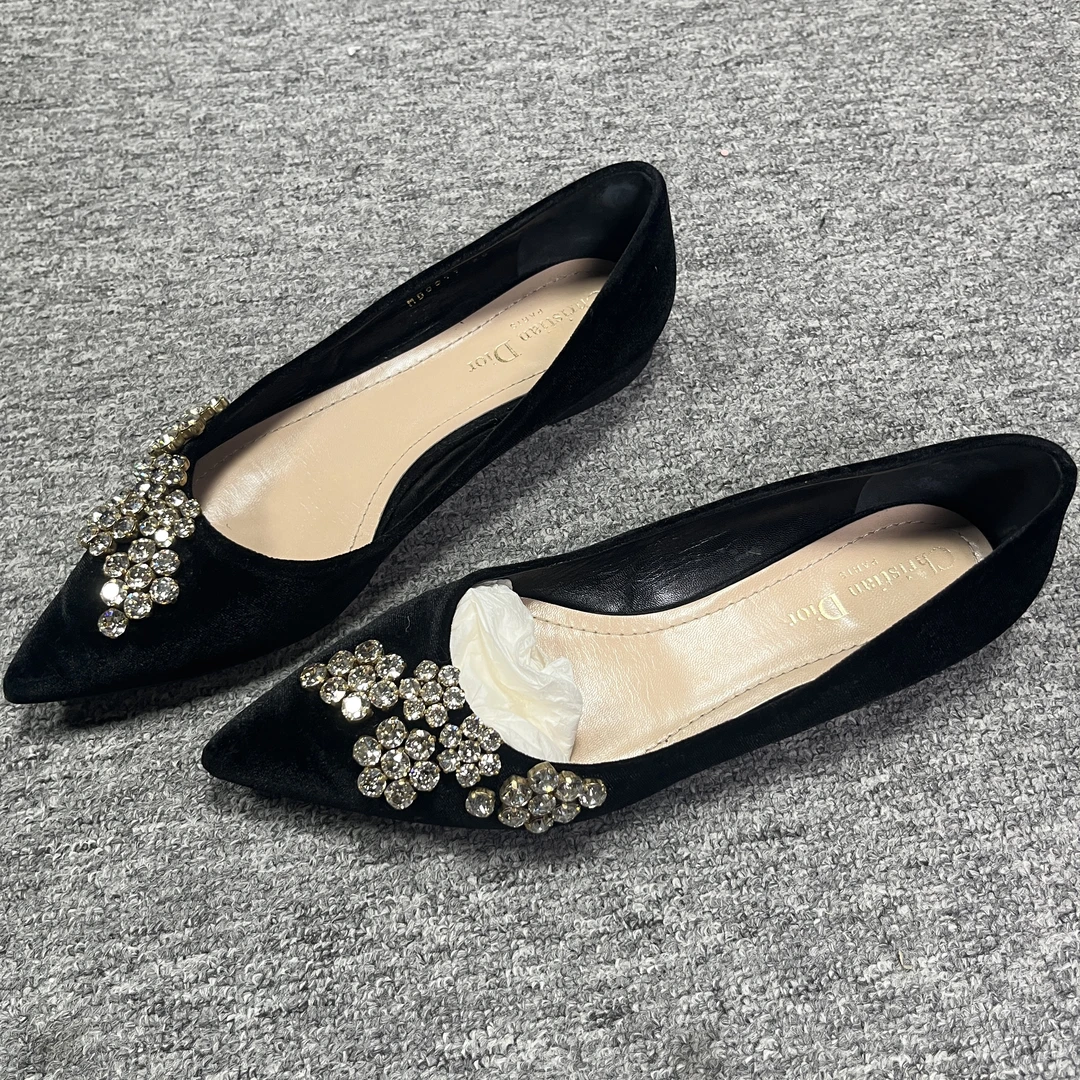 DIOR/迪奥38码/诺曼女鞋折扣 黑色尖头百搭休闲水钻平底单鞋 1041