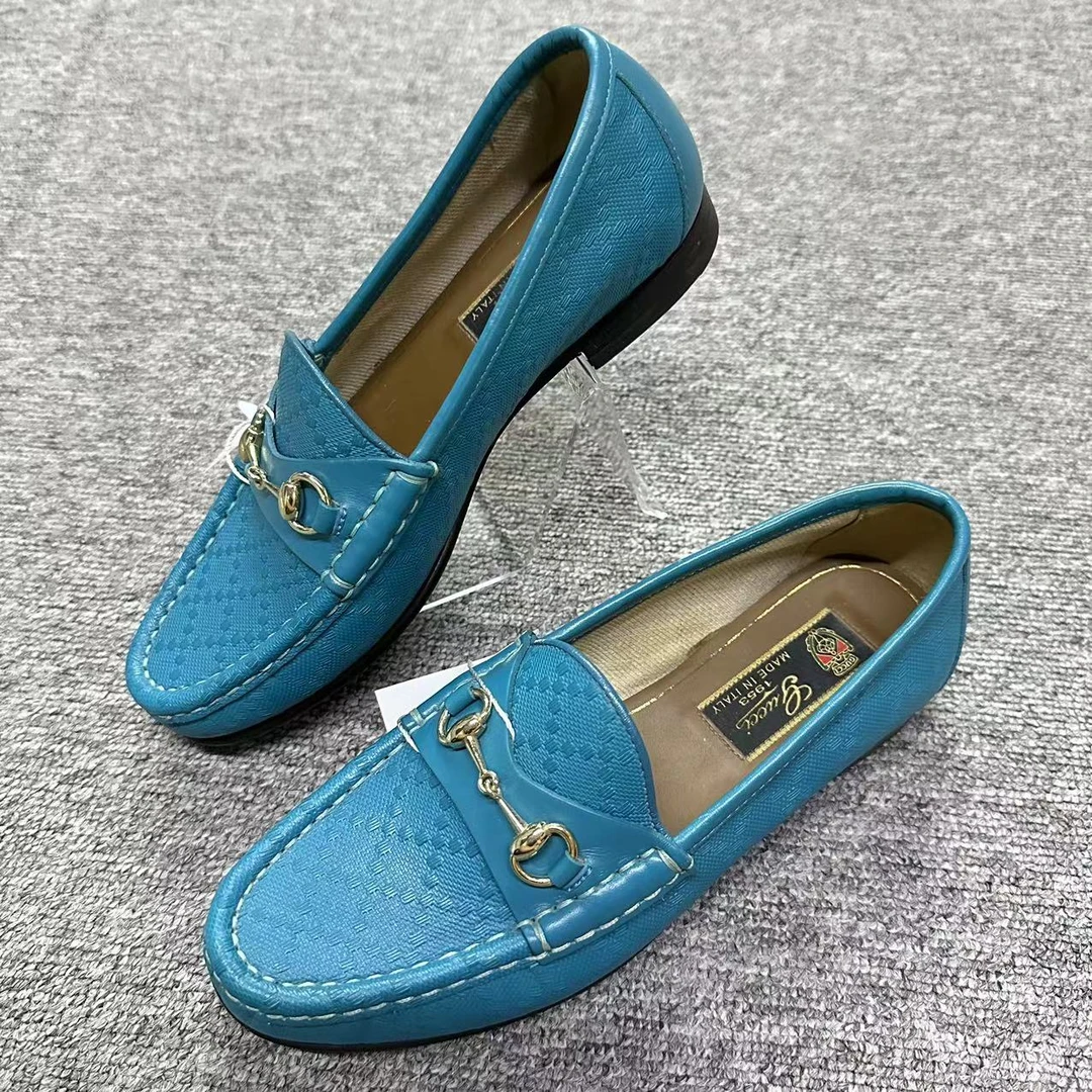 GUCCI/古驰诺曼女鞋折扣 蓝色圆头马衔扣时尚乐福鞋 35码 bjm019