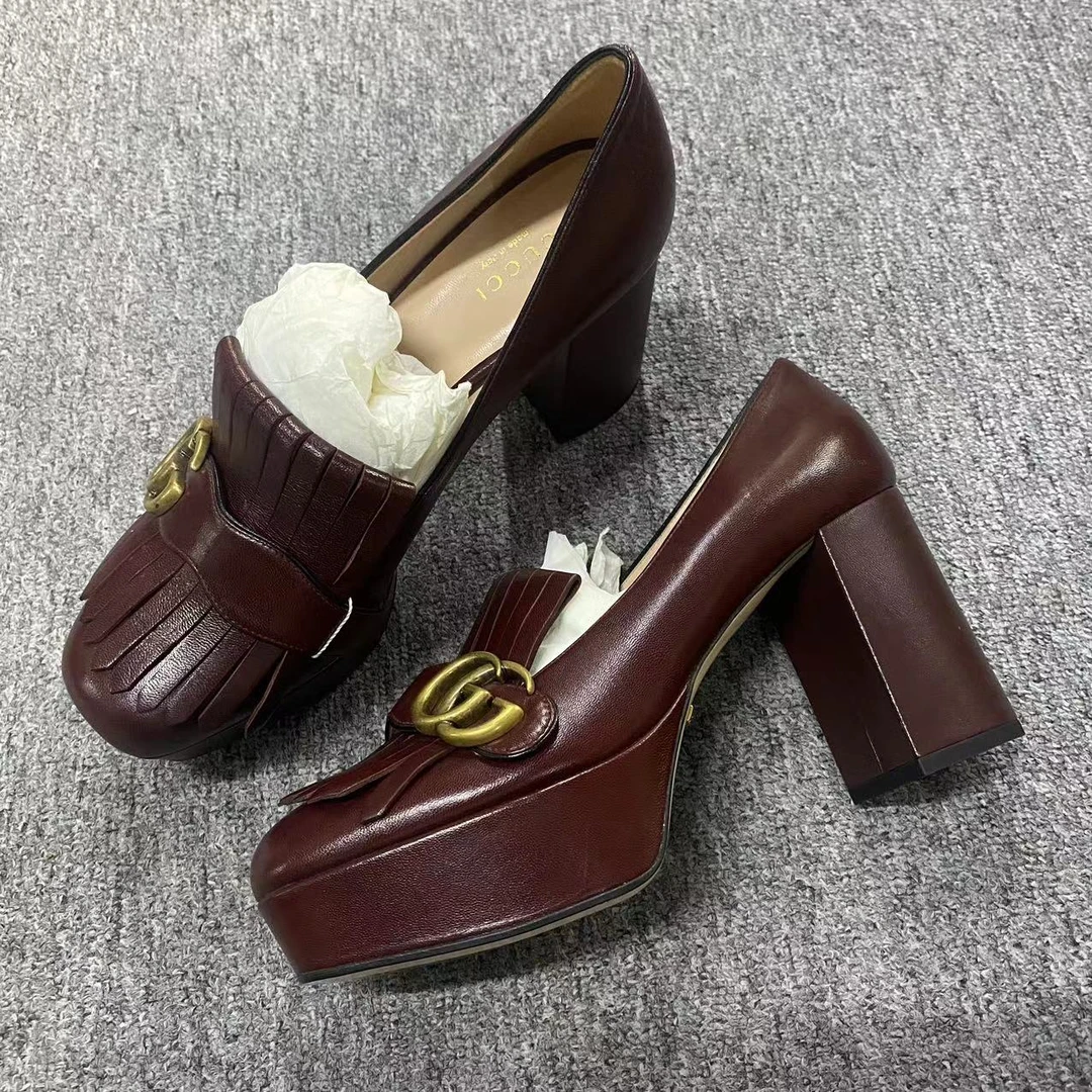 GUCCI/古驰诺曼女鞋折扣 棕红色流苏双G金扣防水台乐福鞋38码 235
