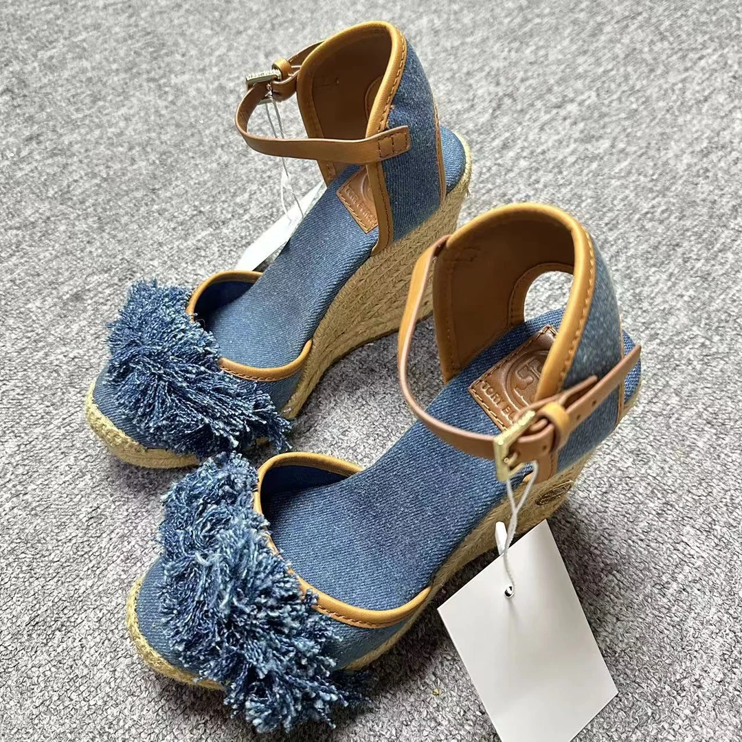TORY BURCH/汤丽柏琦诺曼女鞋折扣 蓝色牛仔毛绒厚底凉鞋35码1510
