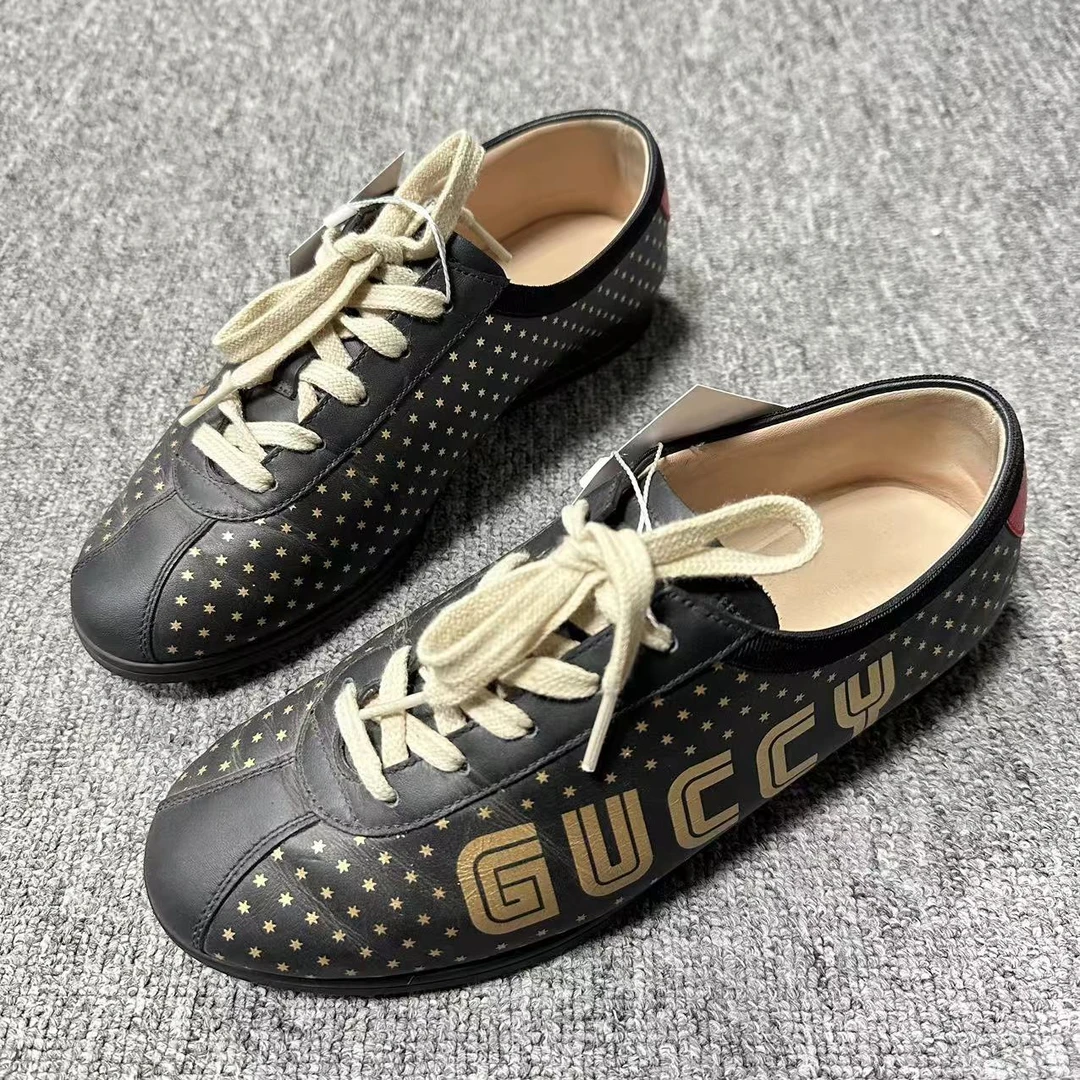 GUCCI/古驰诺曼女鞋 经典时尚复古黑金红尾刺绣板鞋   xfl588  37