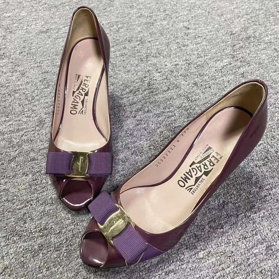 FERRAGAMO/菲拉格慕35码/诺曼女鞋折扣 酒红色蝴蝶结高跟鞋 668