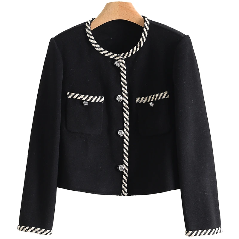 【伍莎-自营】包边条纹圆领短款双面呢外套#BXY48B005