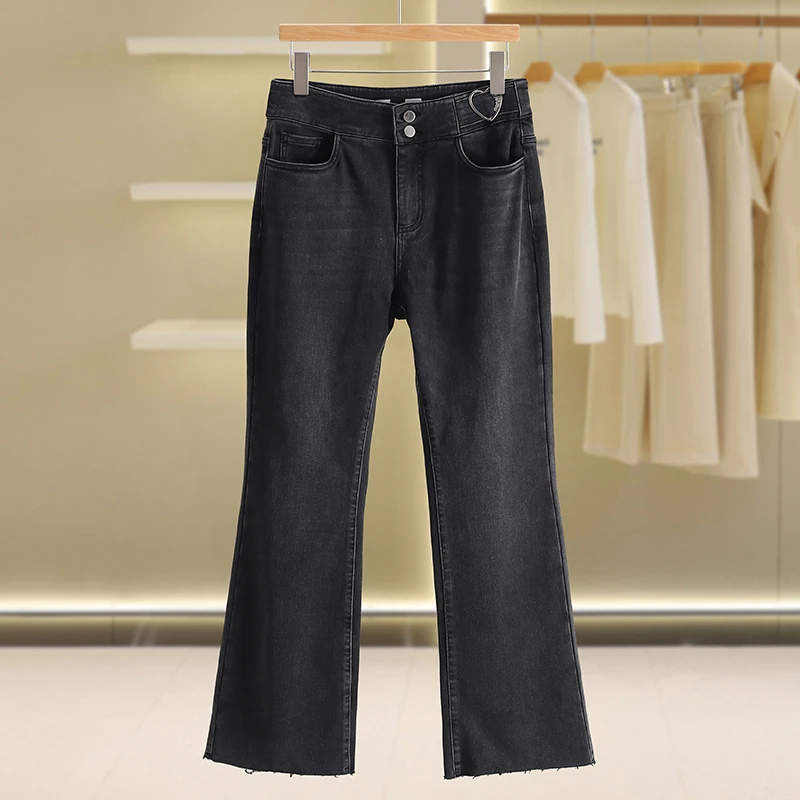 【伍莎-秋水系列】高腰显瘦喇叭裤抓绒深色牛仔裤#BQS48Z006