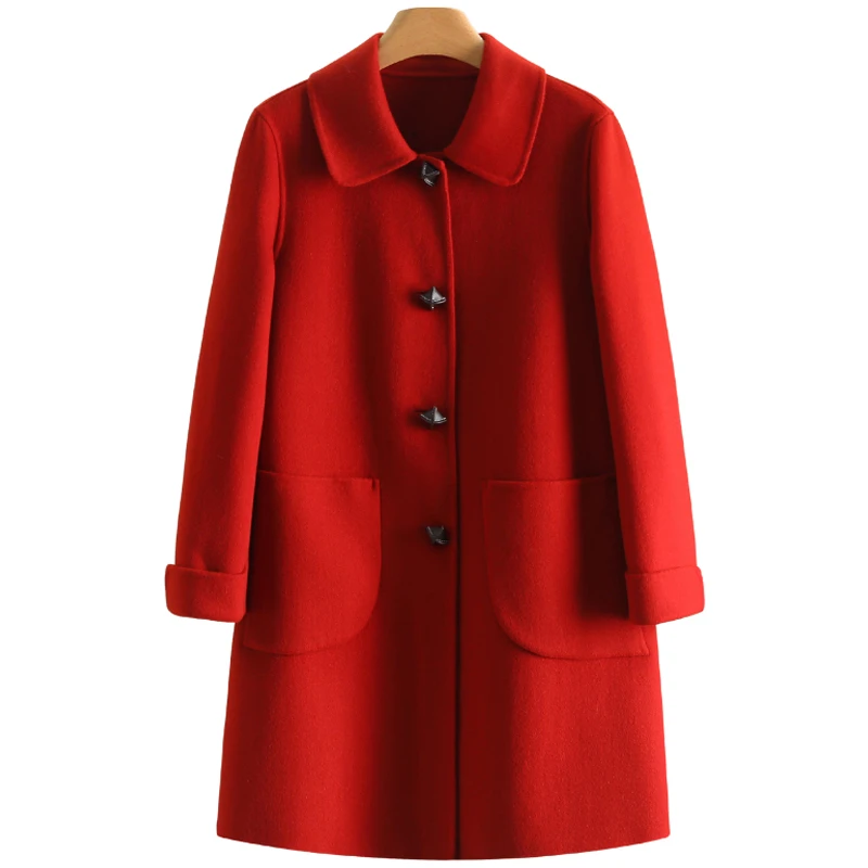 【伍莎-自营】红色单排扣中长款双面呢大衣#WYX48B110