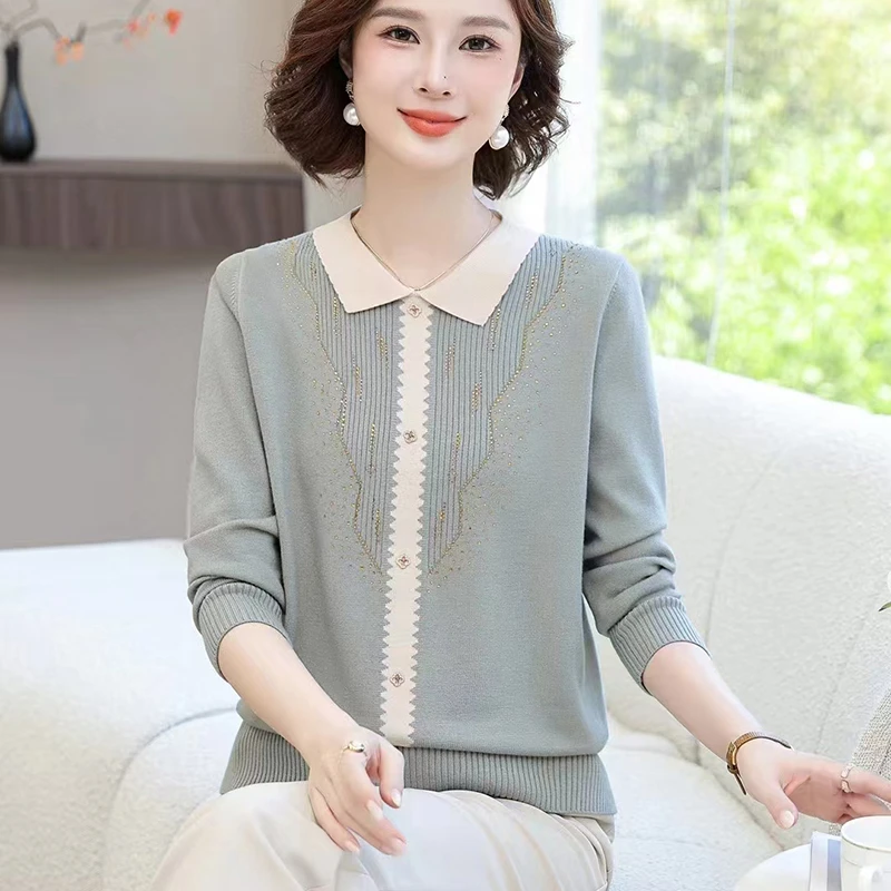 长袖针织套头衫洋气百搭时尚妈妈装毛衣翻领中老年小衫气质显瘦