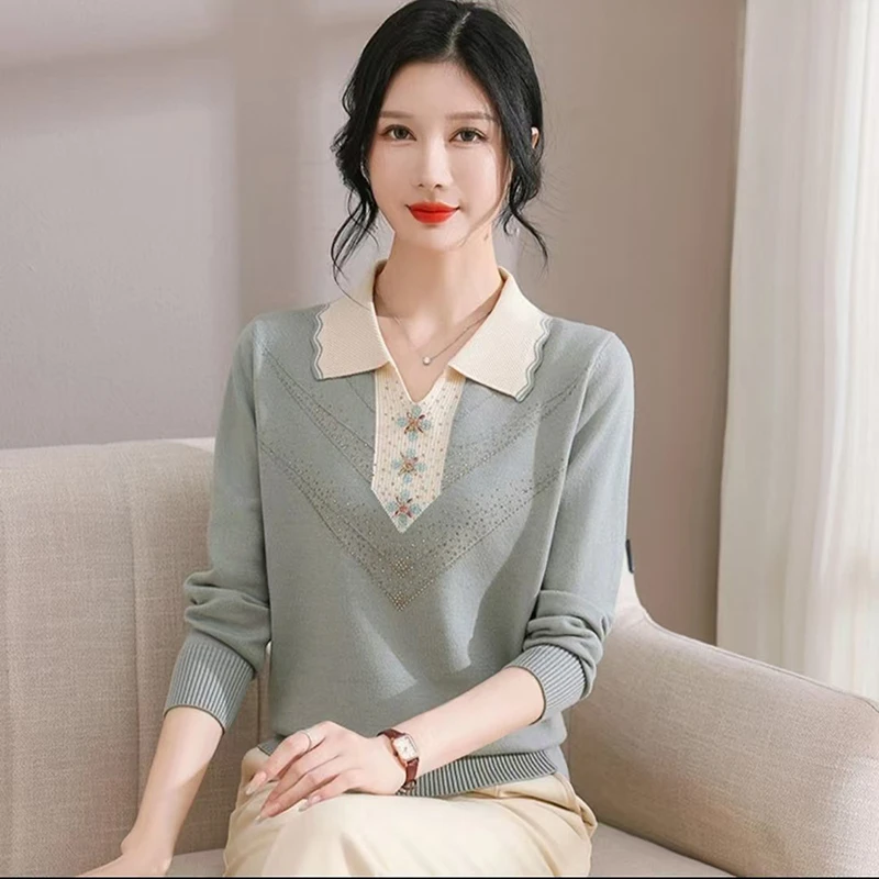 舒适透气长袖针织打底衫时尚妈妈装翻领烫钻洋气