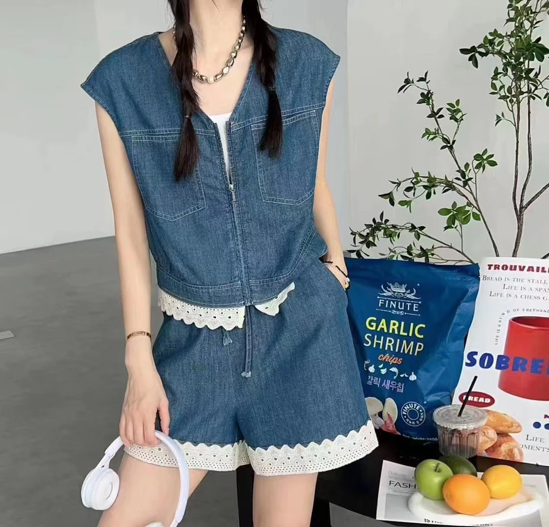 蕾丝拼接牛仔套装女欧洲站2024年夏季新款拉链短袖上衣短裤两件套