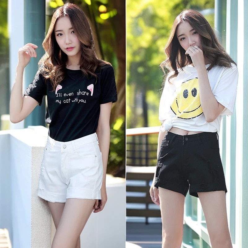 【三分短裤】夏季新款大码女装薄款胖MM显瘦破洞短裤高腰高弹牛仔裤