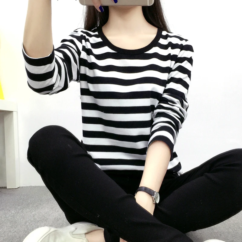 黑白条纹打底衫长袖宽松洋气秋衣正肩T恤女装内搭上衣可外穿春季