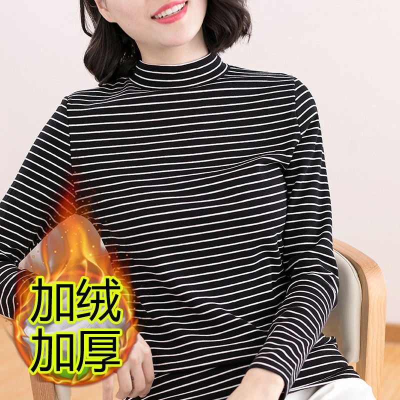 加绒加厚半高领打底衫女中领时尚上衣T恤内搭一体绒百搭长袖秋冬