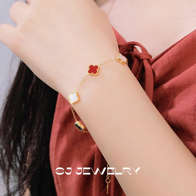 钛钢珐琅手链 幸运四叶草手链轻奢时尚气质红色经典多彩手串手环