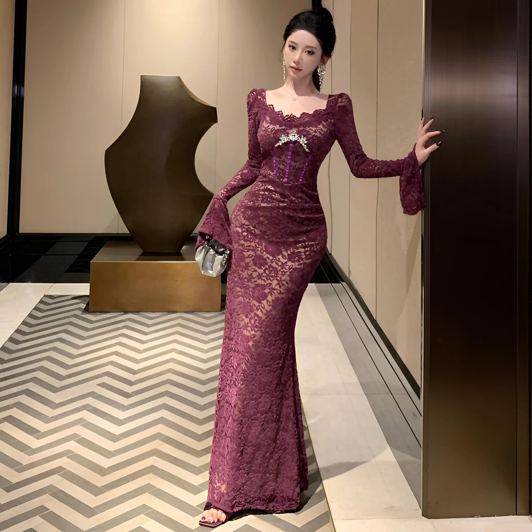 纯欲性感蕾丝喇叭长袖连衣裙女秋季新款修身显瘦高级感气质包臀裙