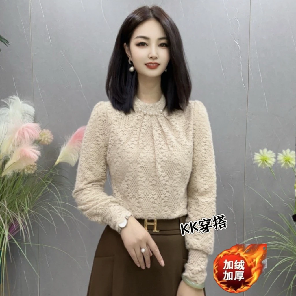 【KK】BX2033秋冬新款五粒珠饰加绒加厚时尚长袖气质百搭蕾丝上衣