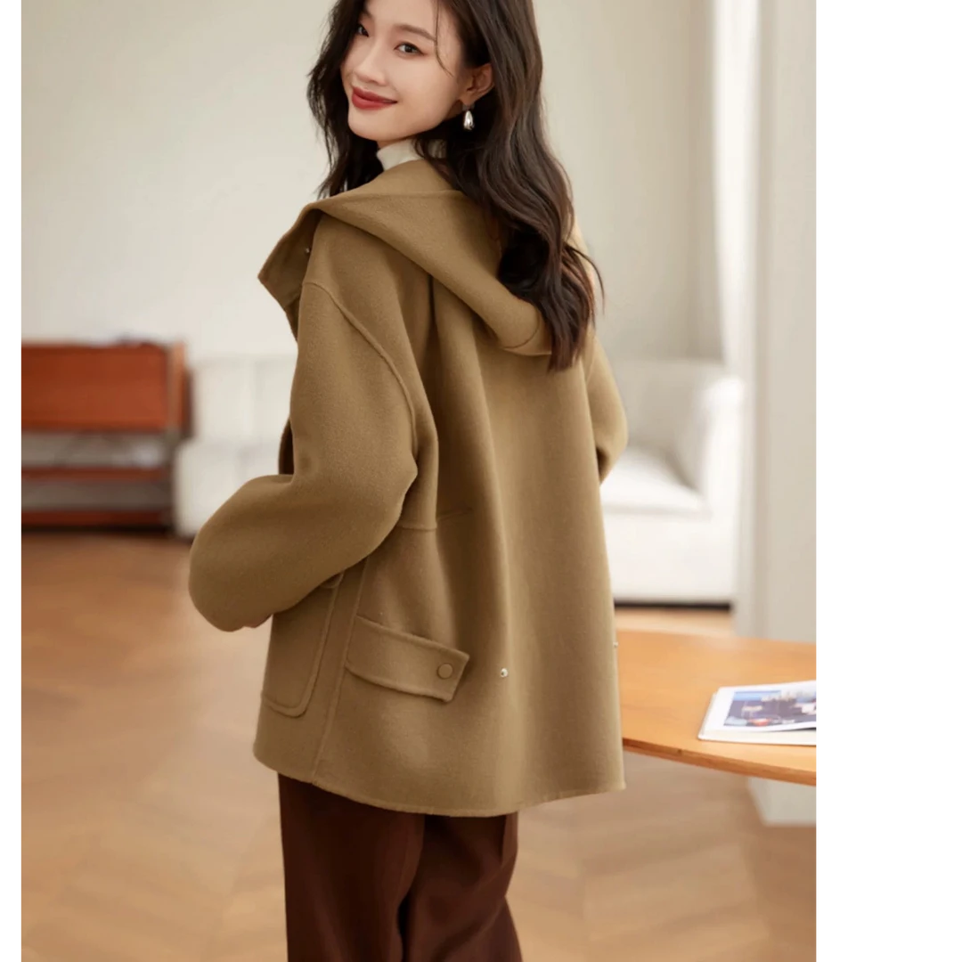 小个子连帽中长款羊毛外套  韩版  宽松时尚