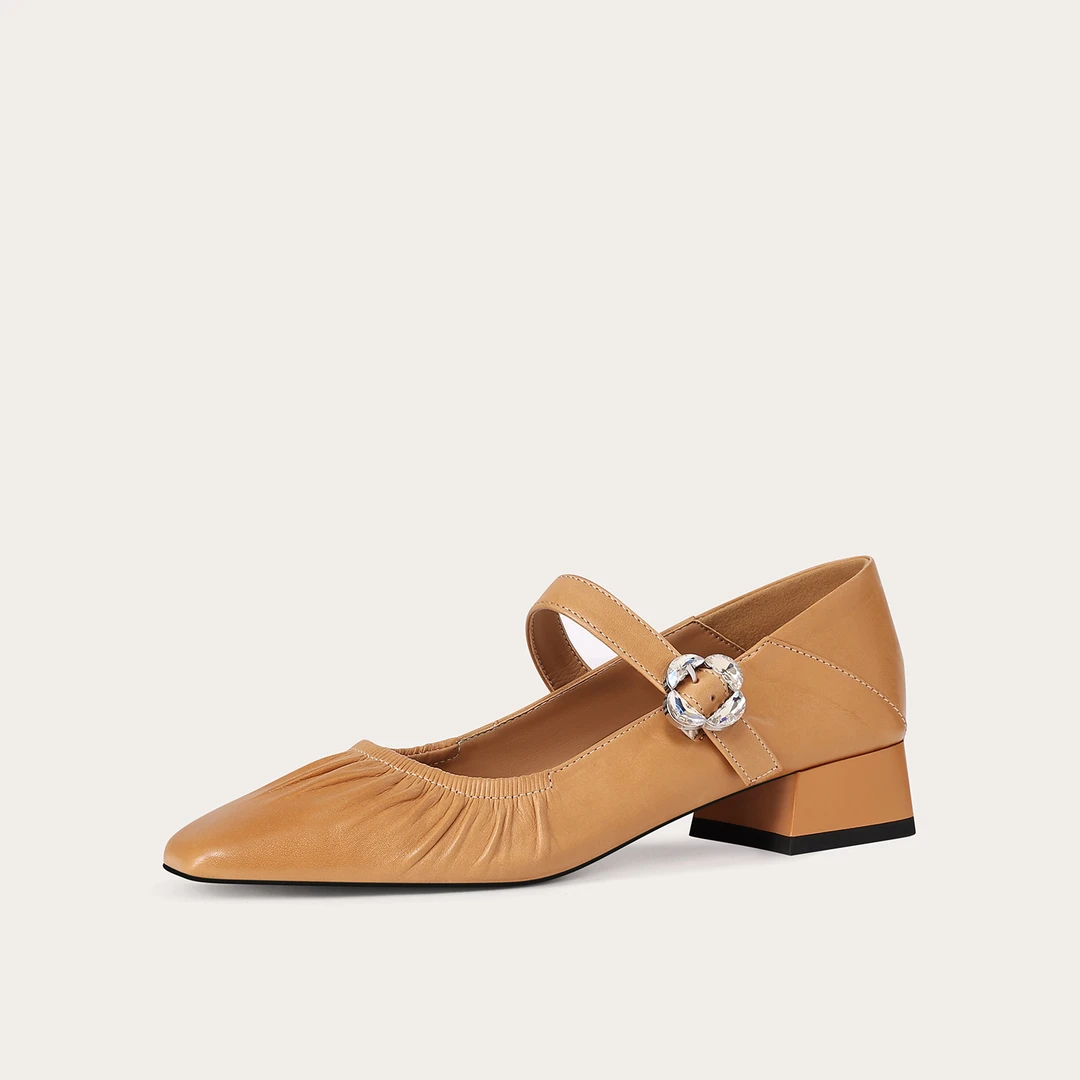 【熊珠珠】【跟高3CM 】2024秋季百搭玛丽珍时尚软底丝绸牛皮方头单鞋