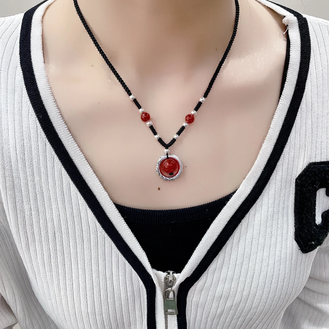 吊坠足银 足银小乾坤圈复古做旧红豆铃铛百搭时尚气质手工编绳