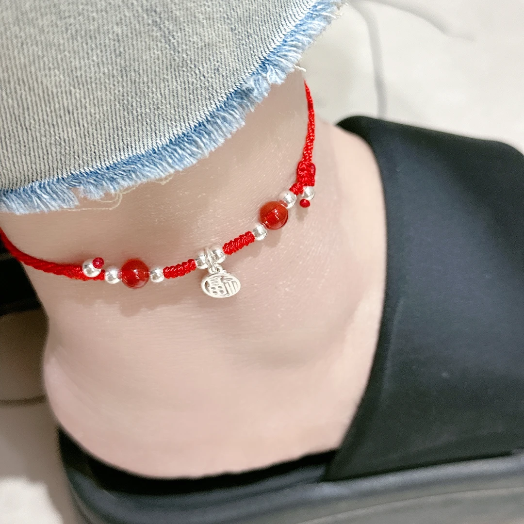 925银脚链 纯银脚链编绳可调节小福牌时尚珠珠纯手工素款精美百搭