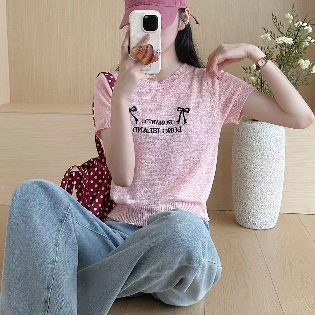 2024夏季新款休闲刺绣字母蝴蝶冰丝短袖减龄百搭针织休闲