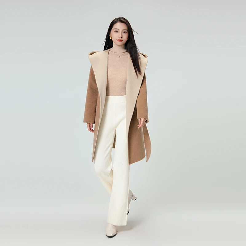 秋冬双面呢大衣休闲气质宽松针织时尚连帽毛呢长款双面呢23711