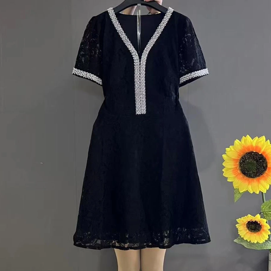 新款高级感气质V领重工钉珠收腰显瘦大码蕾丝连衣裙3388