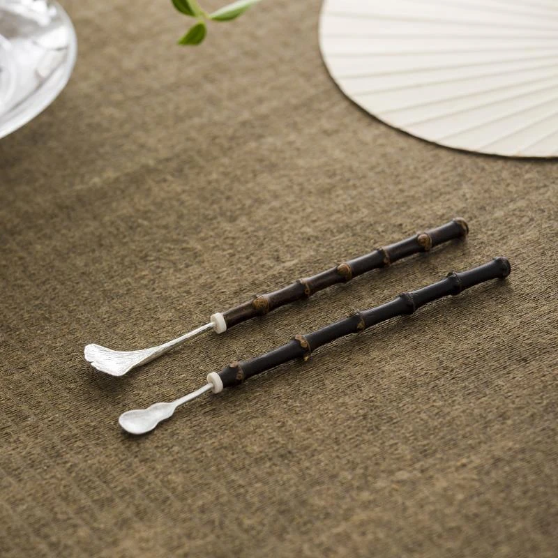 物姿梅妃竹茶拨锡茶勺纯手工分茶家用竹制中式银杏葫芦茶道配件