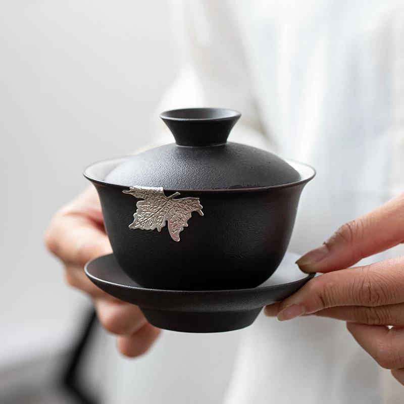 物姿复古粗陶黑陶泡茶盖碗日式三才盖碗家用茶碗功夫陶瓷茶具盖碗