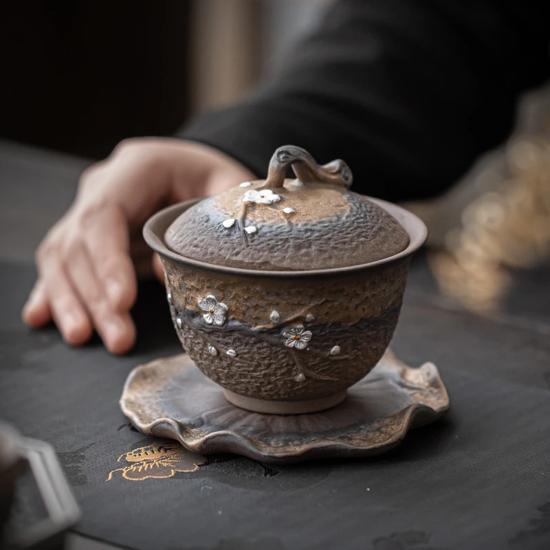 粗陶鎏金手工三才盖碗家用陶瓷功夫茶具茶杯日式泡茶碗单个带盖托