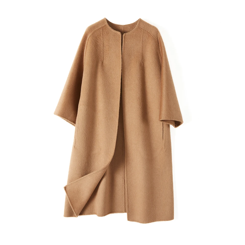 YiN 女款100%骆驼绒圆领茧型大衣8206